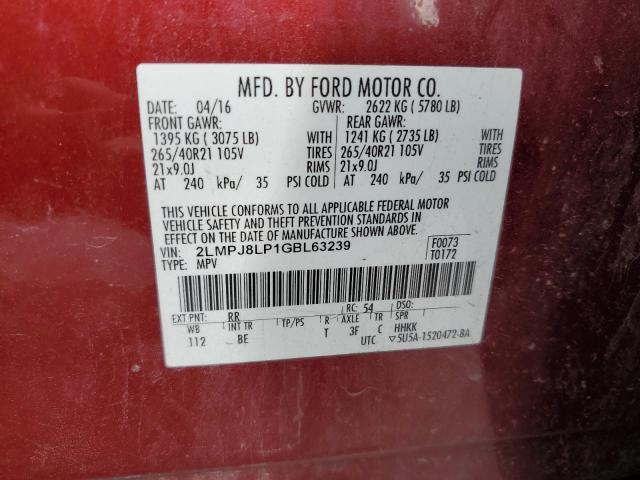 2LMPJ8LP1GBL63239 - 2016 LINCOLN MKX RESERVE RED photo 13