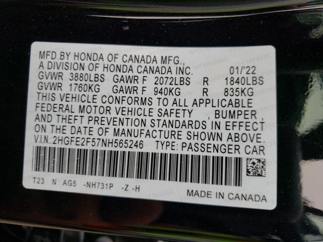 2HGFE2F57NH565246 - 2022 HONDA CIVIC SPORT 黑色 照片 10
