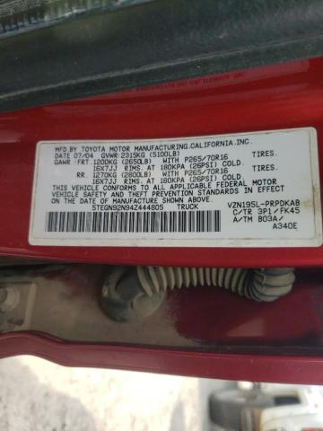 5TEGN92N94Z444805 - 2004 TOYOTA TACOMA DOUBLE CAB PRERUNNER MAROON photo 13