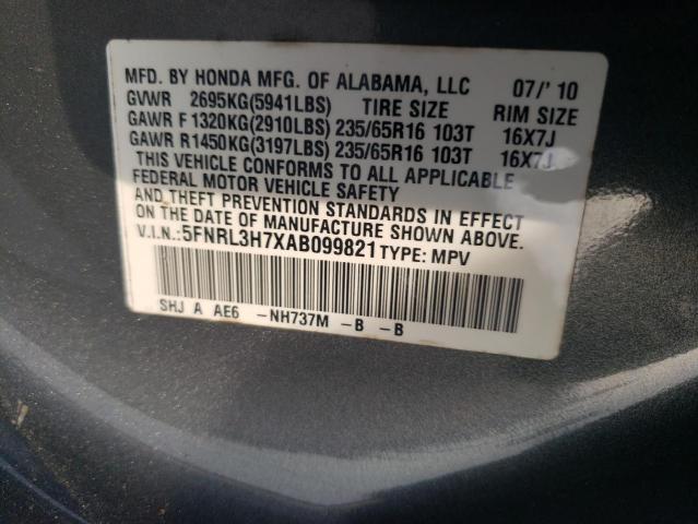 5FNRL3H7XAB099821 - 2010 HONDA ODYSSEY EXL GRAY photo 13