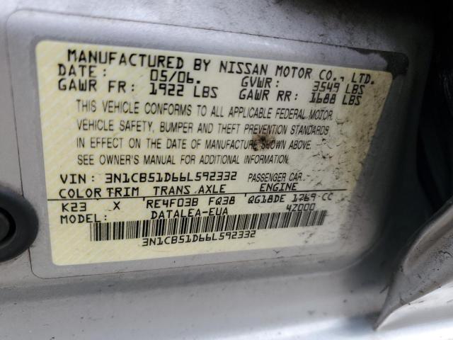 3N1CB51D66L592332 - 2006 NISSAN SENTRA 1.8 SILVER photo 13