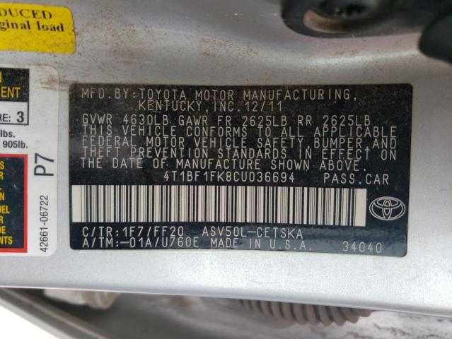 4T1BF1FK8CU036694 - 2012 TOYOTA CAMRY BASE SILVER photo 12