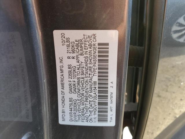 1HGCV1F33LA154188 - 2020 HONDA ACCORD SPORT GRAY photo 12