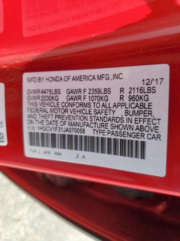 1HGCV1F31JA070058 - 2018 HONDA ACCORD SPORT RED photo 12