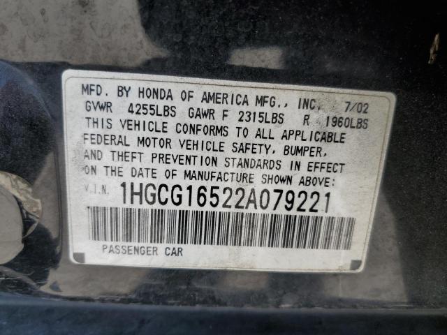 1HGCG16522A079221 - 2002 HONDA ACCORD EX BLACK photo 12