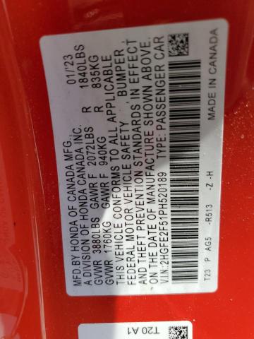 2HGFE2F51PH520189 - 2023 HONDA CIVIC SPORT 红色 照片 12