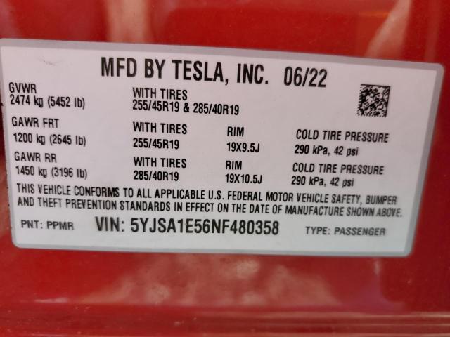 5YJSA1E56NF480358 - 2022 TESLA MODEL S Qırmızı foto 13