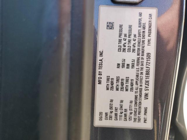 5YJ3E1EB8LF721509 - 2020 TESLA MODEL 3 CHARCOAL photo 12
