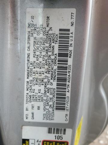 5TEUX4EN4AZ736529 - 2010 TOYOTA TACOMA ACCESS CAB ვერცხლისფერი ფოტო 12