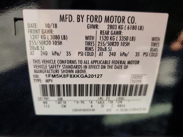 1FM5K8F8XKGA20127 - 2019 FORD EXPLORER LIMITED BLACK photo 13