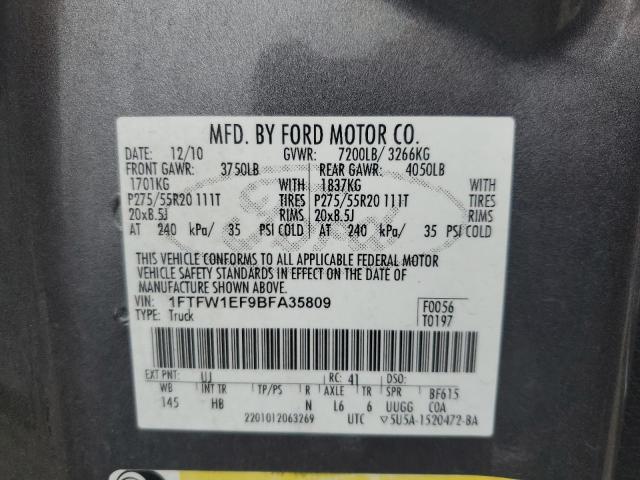 1FTFW1EF9BFA35809 - 2011 FORD F150 SUPERCREW GRAY photo 12