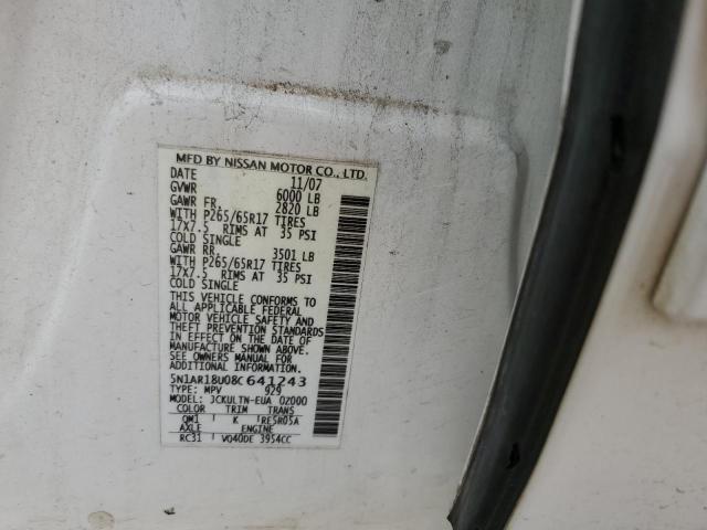 5N1AR18U08C641243 - 2008 NISSAN PATHFINDER S 白色 照片 13