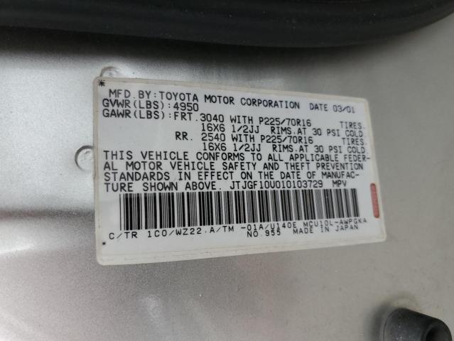 JTJGF10U010103729 - 2001 LEXUS RX 300 SILVER photo 13