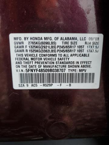 5FNYF48509B038707 - 2009 HONDA PILOT EXL RED photo 13