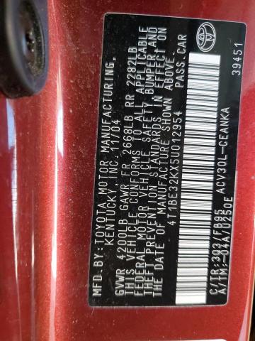 4T1BE32KX5U012954 - 2005 TOYOTA CAMRY LE RED photo 12