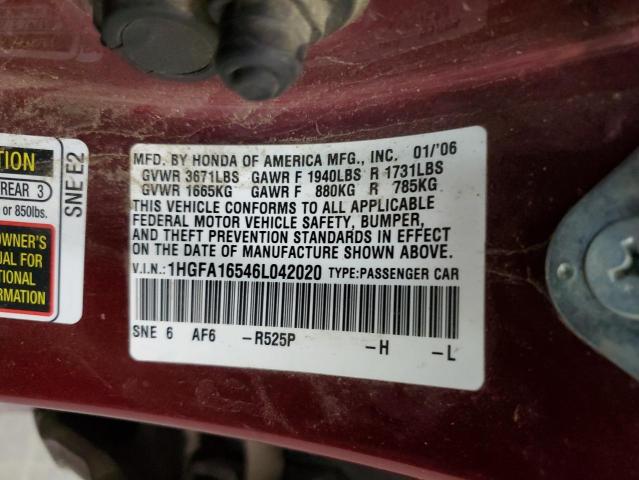 1HGFA16546L042020 - 2006 HONDA CIVIC LX BURGUNDY photo 13