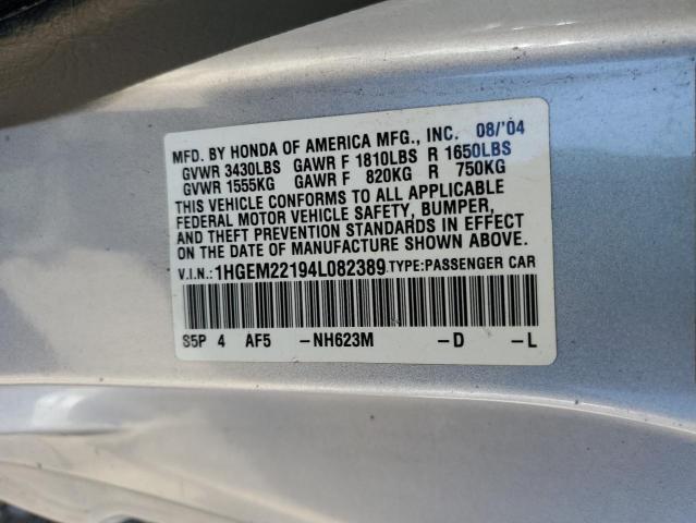 1HGEM22194L082389 - 2004 HONDA CIVIC DX VP Gümüş foto 12
