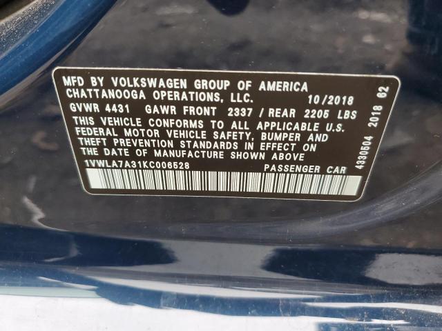 1VWLA7A31KC006528 - 2019 VOLKSWAGEN PASSAT WOLFSBURG BLUE photo 12