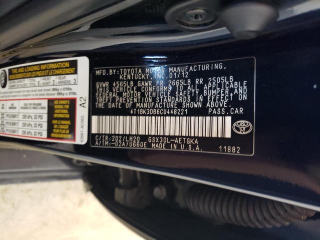 4T1BK3DB6CU448221 - 2012 TOYOTA AVALON BASE 黑色 照片 12