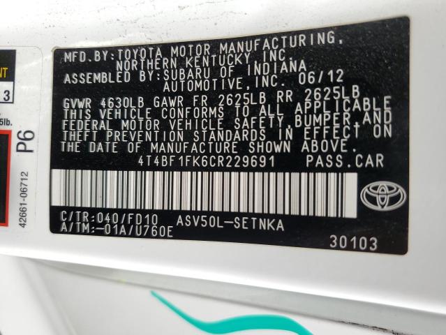 4T4BF1FK6CR229691 - 2012 TOYOTA CAMRY BASE WHITE photo 13