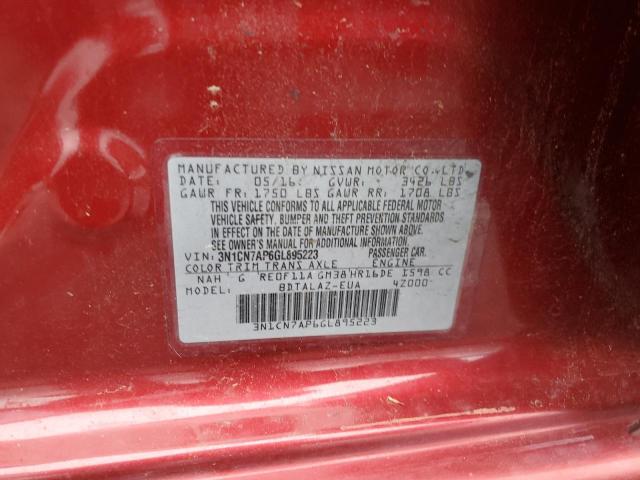 3N1CN7AP6GL895223 - 2016 NISSAN VERSA S 勃艮第红 照片 12