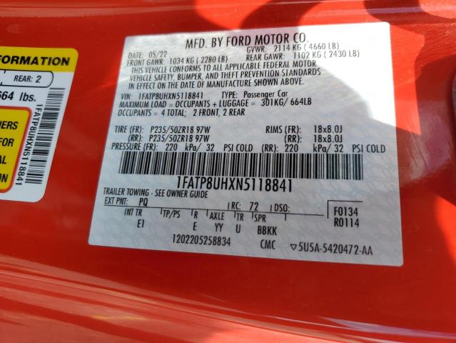 1FATP8UHXN5118841 - 2022 FORD MUSTANG RED photo 12