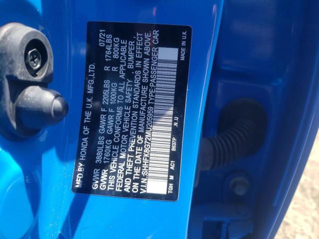 SHHFK8G72MU205959 - 2021 HONDA CIVIC TYPE-R TOURING BLUE photo 12