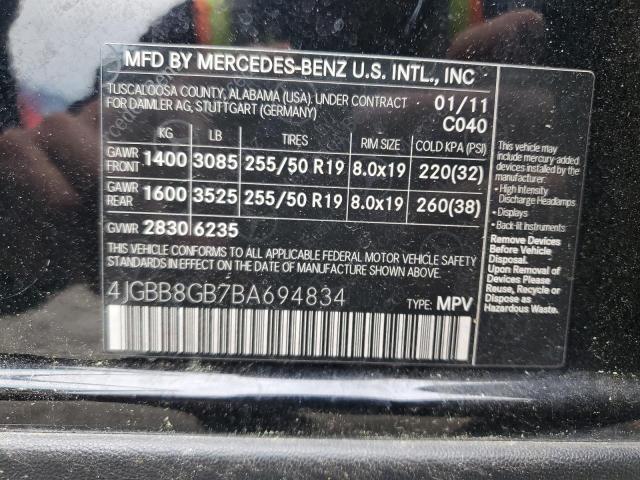 4JGBB8GB7BA694834 - 2011 MERCEDES-BENZ ML 350 4MATIC BLACK photo 12