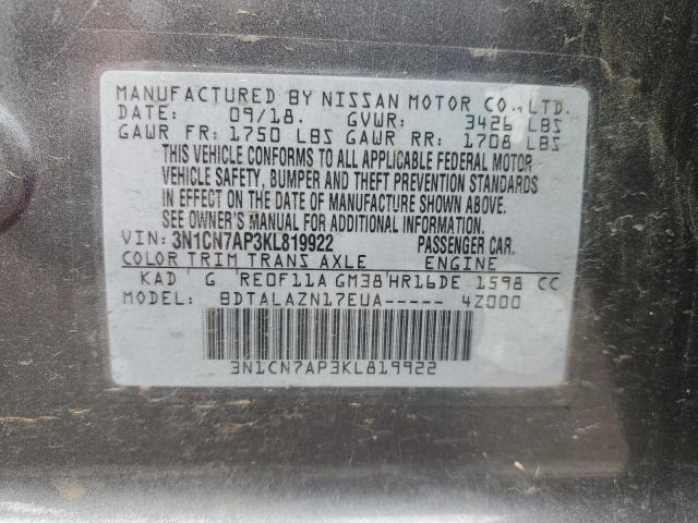 3N1CN7AP3KL819922 - 2019 NISSAN VERSA S GRAY photo 13