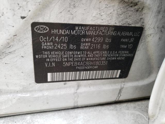 5NPEB4AC8BH180351 - 2011 HYUNDAI SONATA GLS WHITE photo 12