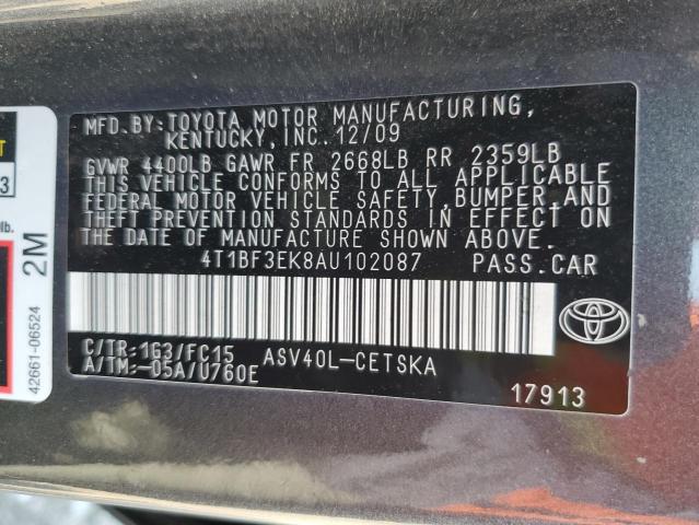 4T1BF3EK8AU102087 - 2010 TOYOTA CAMRY BASE GRAY photo 12