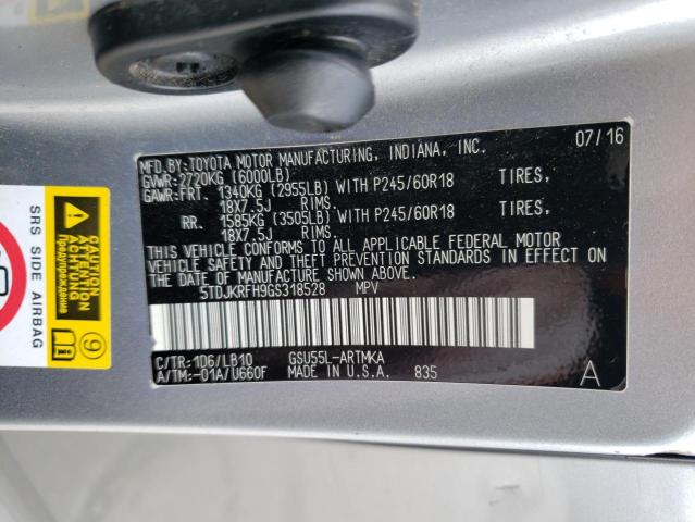 5TDJKRFH9GS318528 - 2016 TOYOTA HIGHLANDER XLE SILVER photo 13