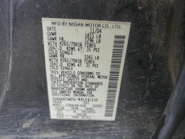 1N6AD07W05C402610 - 2005 NISSAN FRONTIER CREW CAB LE GRAY photo 12