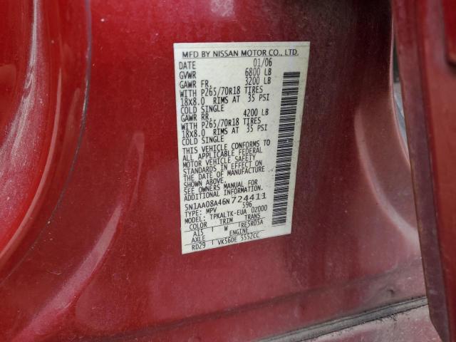 5N1AA08A46N724411 - 2006 NISSAN ARMADA SE RED photo 13