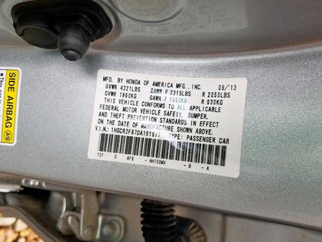 1HGCR2F87DA191977 - 2013 HONDA ACCORD EXL  photo 10