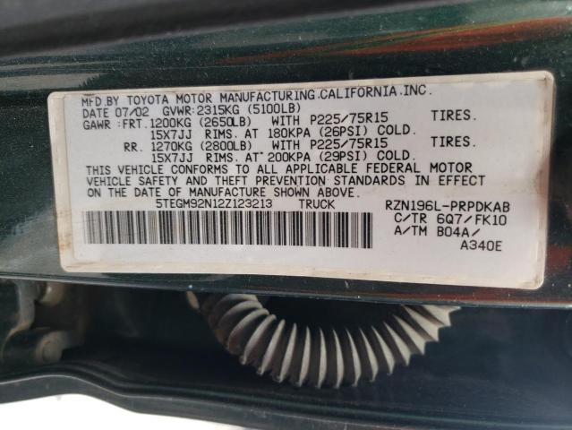 5TEGM92N12Z123213 - 2002 TOYOTA TACOMA DOUBLE CAB PRERUNNER GREEN photo 12