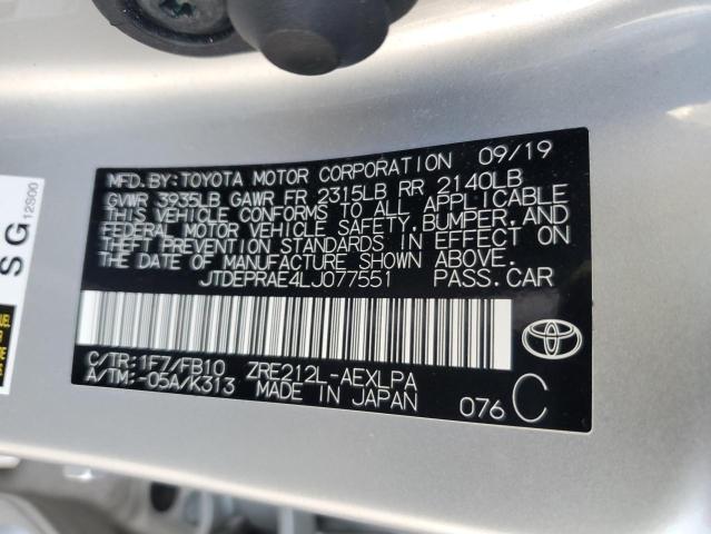 JTDEPRAE4LJ077551 - 2020 TOYOTA COROLLA LE SILVER photo 12