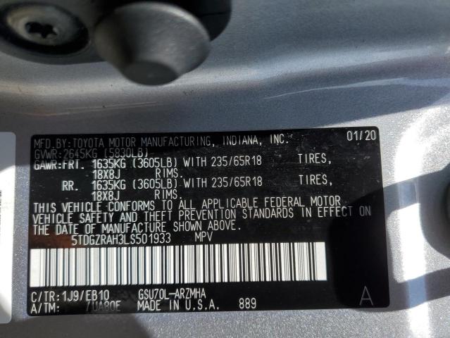 5TDGZRAH3LS501933 - 2020 TOYOTA HIGHLANDER XLE Արծաթագույն լուսանկար 13