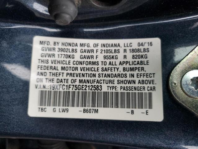 19XFC1F75GE212583 - 2016 HONDA CIVIC EXL BLUE photo 13