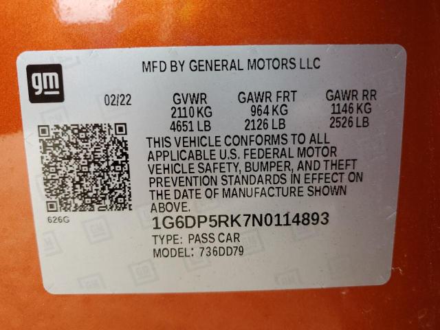 1G6DP5RK7N0114893 - 2022 CADILLAC CT5 SPORT ORANGE photo 12