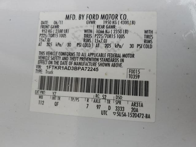 1FTKR1AD3BPA72245 - 2011 FORD RANGER WHITE photo 12