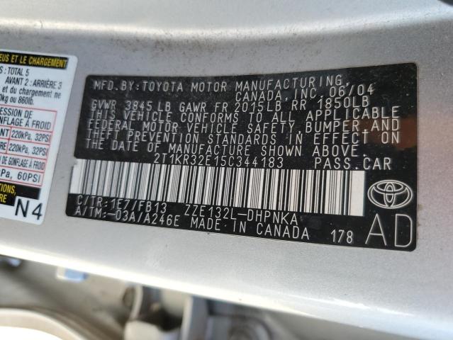 2T1KR32E15C344183 - 2005 TOYOTA COROLLA MA XR SILVER photo 12