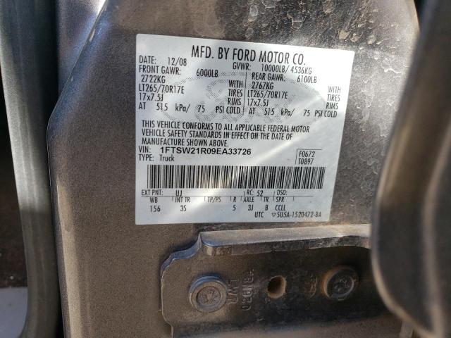 1FTSW21R09EA33726 - 2009 FORD F250 SUPER DUTY GRAY photo 12