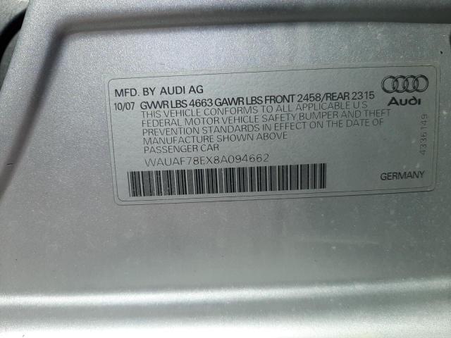 WAUAF78EX8A094662 - 2008 AUDI A4 2.0T SILVER photo 12