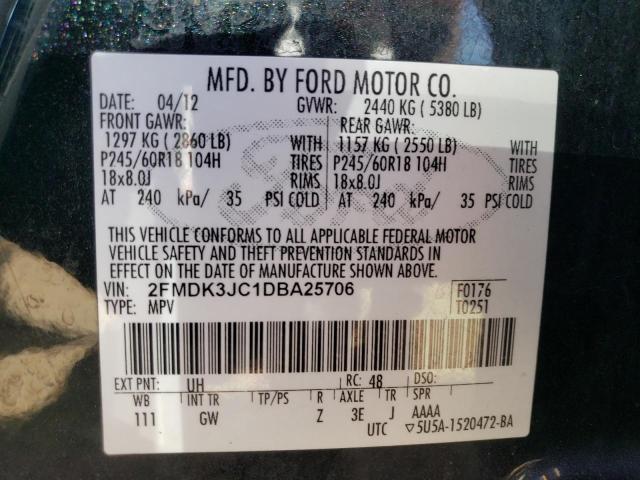 2FMDK3JC1DBA25706 - 2013 FORD EDGE SEL BLACK photo 12