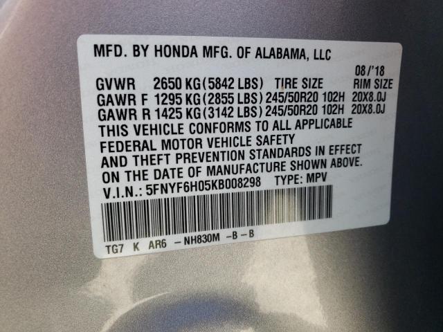 5FNYF6H05KB008298 - 2019 HONDA PILOT ELITE SILVER photo 14