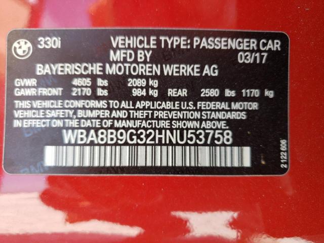 WBA8B9G32HNU53758 - 2017 BMW 330 I RED photo 12