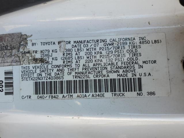 5TETX22N37Z403865 - 2007 TOYOTA TACOMA ACCESS CAB WHITE photo 12