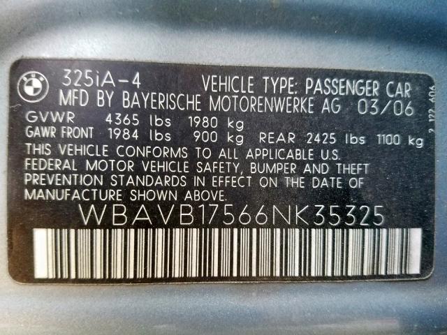 WBAVB17566NK35325 - 2006 BMW 325 I AUTOMATIC  photo 10