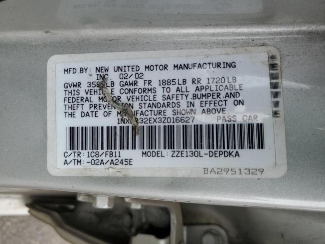 1NXBR32EX3Z016627 - 2003 TOYOTA COROLLA CE SILVER photo 12